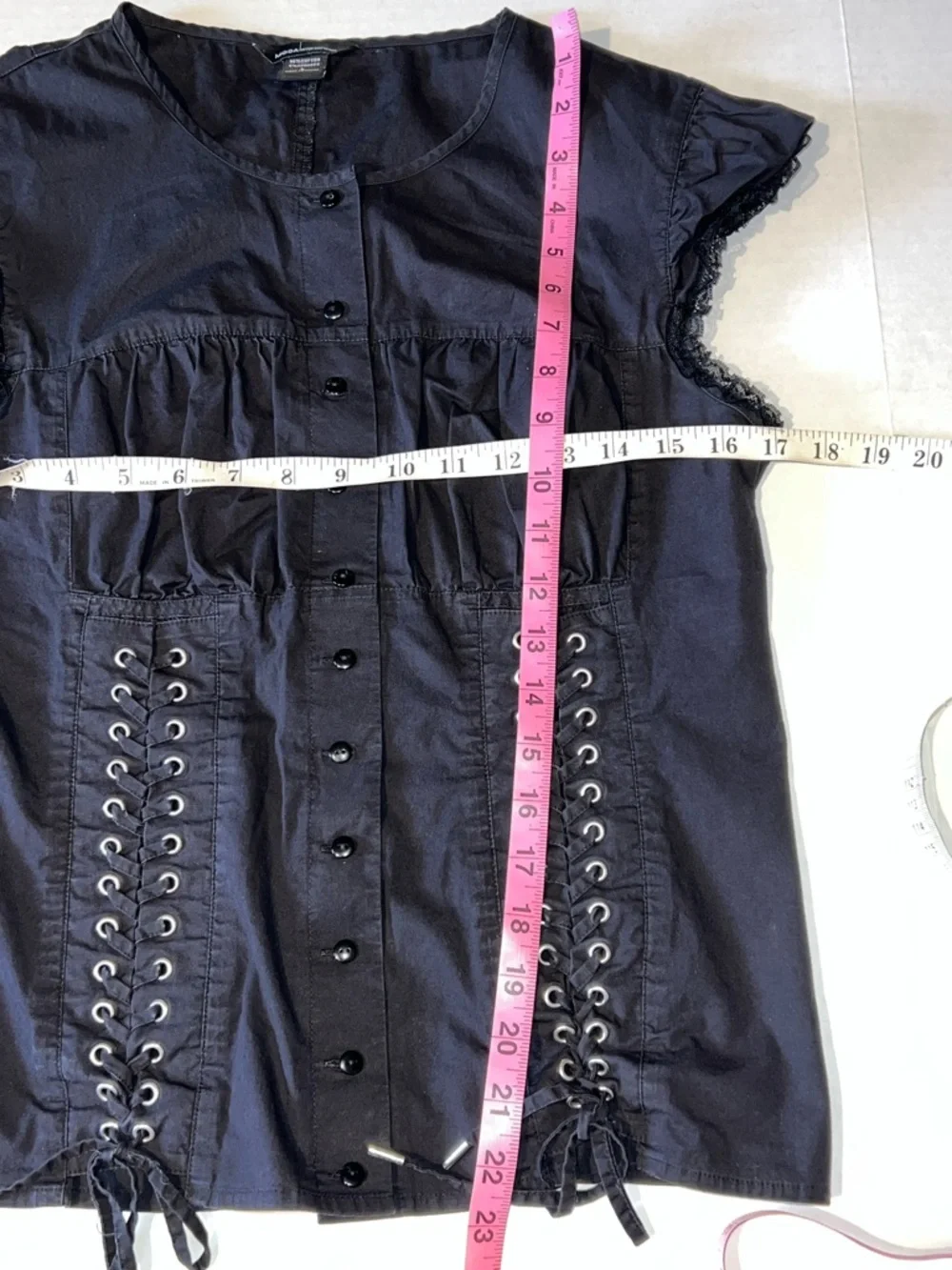 Moda International Black Lace-Trim Button Front Blouse with Corset Lacing Large - Picture 8 of 12